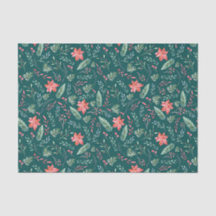 Watercolor Christmas Green Red Florals Dark Green  Tissue Paper
