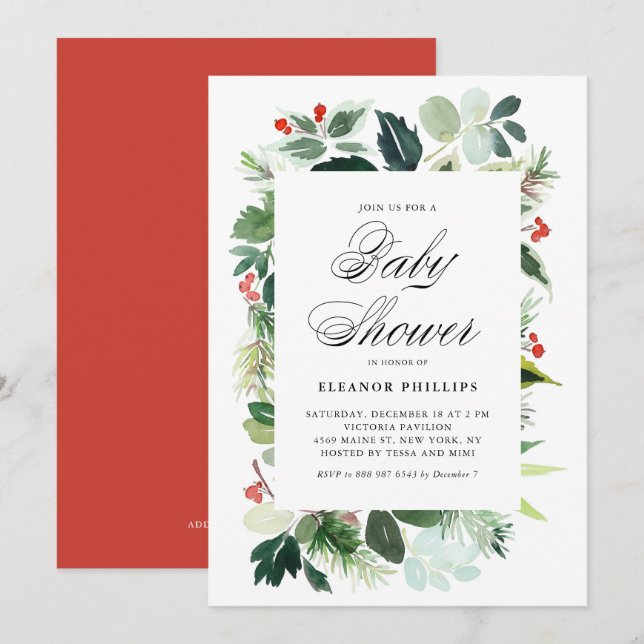 Watercolor Christmas Greenery Frame Baby Shower Invitation (Front/Back)