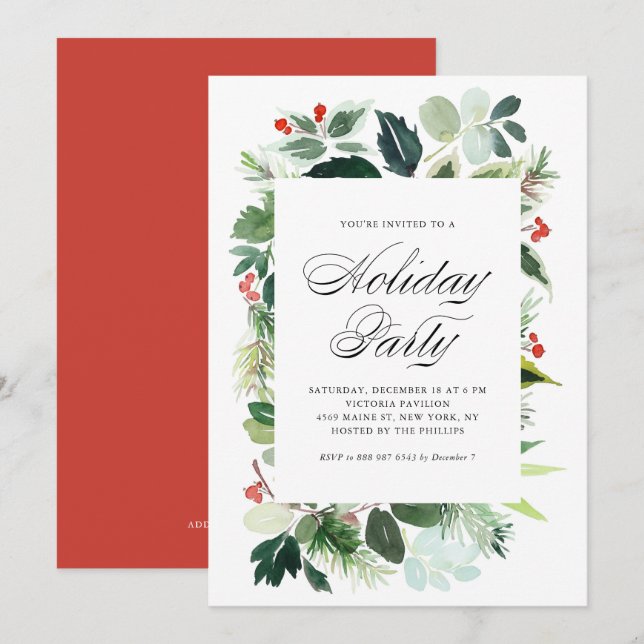 Watercolor Christmas Greenery Frame Holiday Party Invitation (Front/Back)