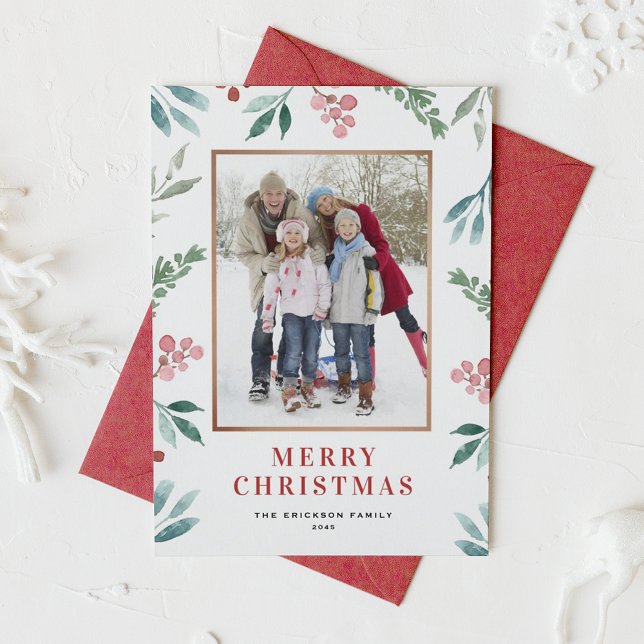 Watercolor Christmas Greenery Frame Photo Holiday Card (Customizable photo Christmas card featuring watercolor winter berry and greenery)