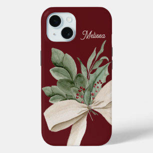 Watercolor Christmas Greenery Personalized iPhone 15 Case