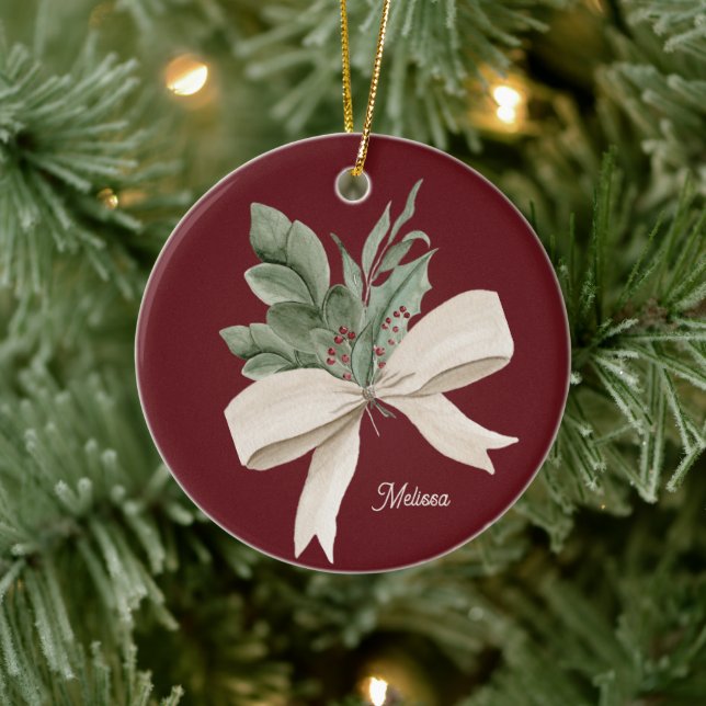 Watercolor Christmas Greenery Personalized Ceramic Ornament (Tree)