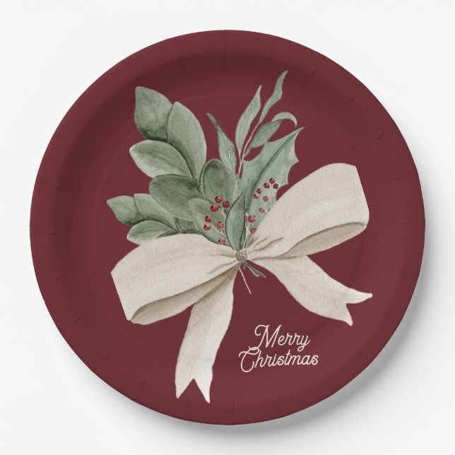 Watercolor Christmas Greenery Personalized Paper Plate (Front)