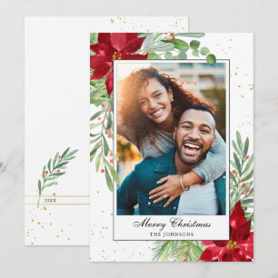 Watercolor Christmas Greenery Poinsettia Holiday  Card