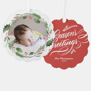 Watercolor Christmas Greenery Wreath Baby Photo Ornament Card