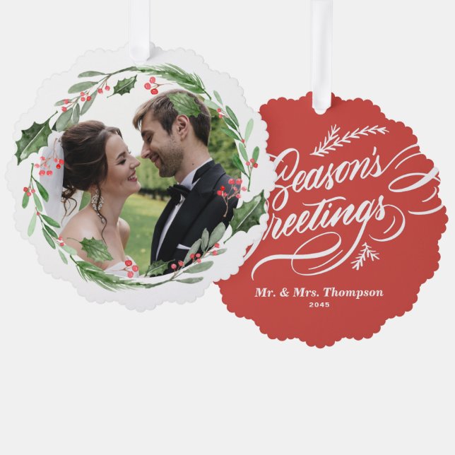Watercolor Christmas Greenery Wreath Wedding Photo Ornament Card (Front/Back)