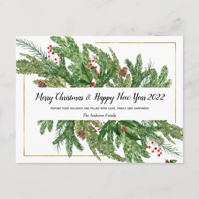 Watercolor Christmas Holiday and New Year 2022 Postcard (Front)