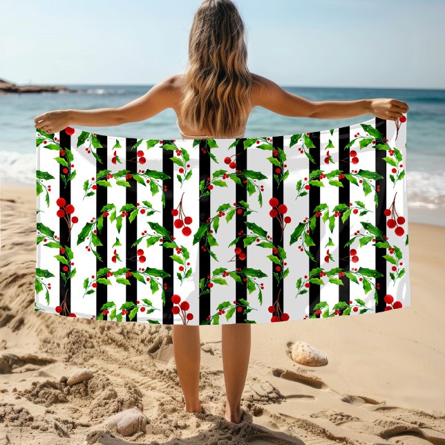 Watercolor Christmas Holiday Holly Floral Pattern Beach Towel (Creator Uploaded)