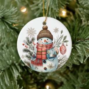 watercolor Christmas Holiday snowman add message Ceramic Ornament