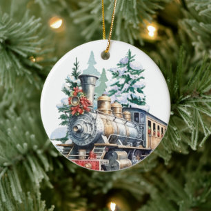 watercolor Christmas Holiday train add message Ceramic Ornament