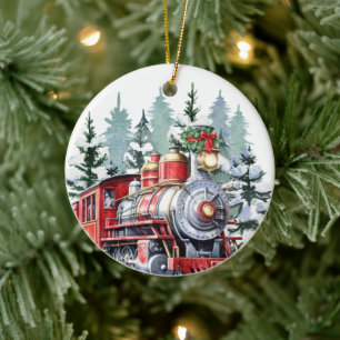 watercolor Christmas Holiday train add message  Ceramic Ornament
