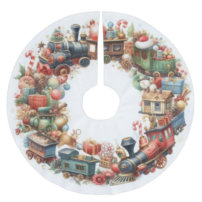 Watercolor Christmas Holiday Whimsical Trains Brushed Polyester Tree Skirt (Front)