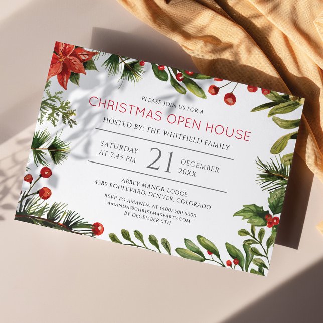 Watercolor Christmas Holidays Open House Party Invitation (Open House Christmas Party Invitation)