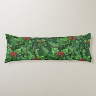 Watercolor Christmas Holly Berries Body Pillow