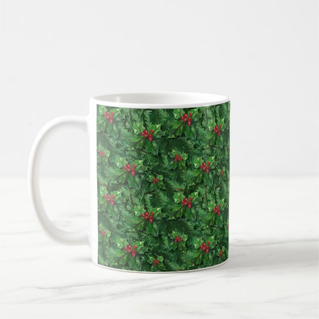 Watercolor Christmas Holly Berries Coffee Mug (Left)