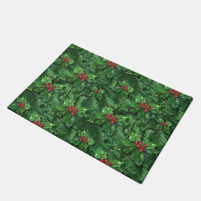 Watercolor Christmas Holly Berries Doormat (Angled)