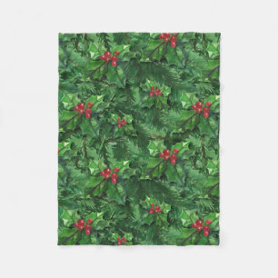 Watercolor Christmas Holly Berries Fleece Blanket