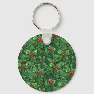 Watercolor Christmas Holly Berries Keychain