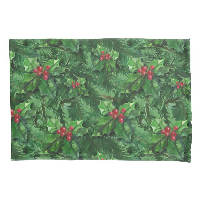 Watercolor Christmas Holly Berries Pillowcase (Front)