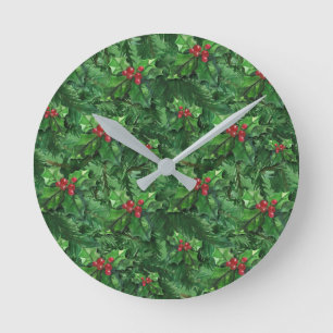 Watercolor Christmas Holly Berries Round Clock