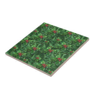 Watercolor Christmas Holly Berries Tile