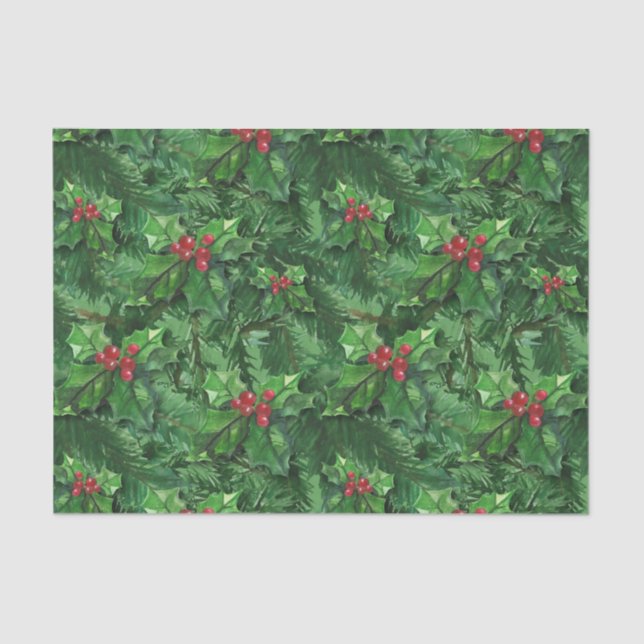 Watercolor Christmas Holly Berries Tissue Paper (Front)