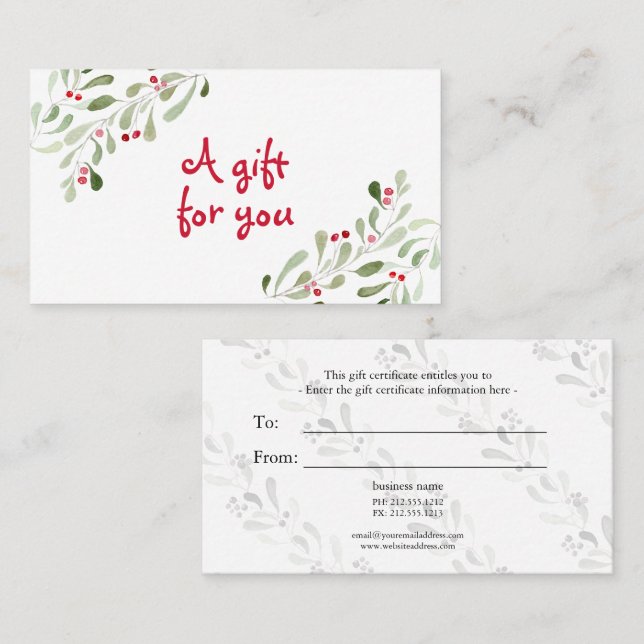 Watercolor Christmas holly gift certificate (Front/Back)