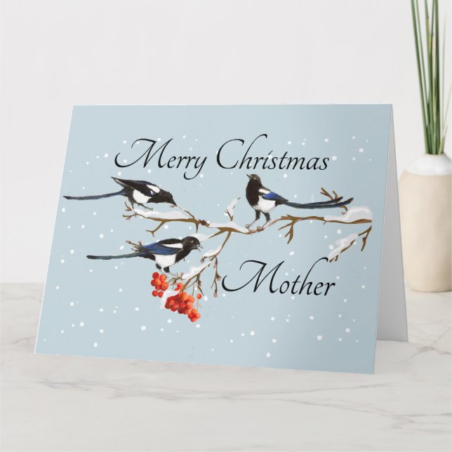 Watercolor Christmas Holly Magpie Bird Mother Card (Front)