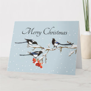 Watercolor Christmas Holly Magpie Bird Nature Art Card