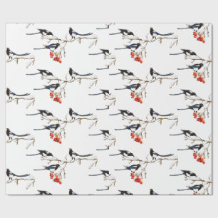 Watercolor Christmas Holly Magpie Bird Nature Art Wrapping Paper