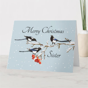 Watercolor Christmas Holly Magpie Bird Sister Art Card