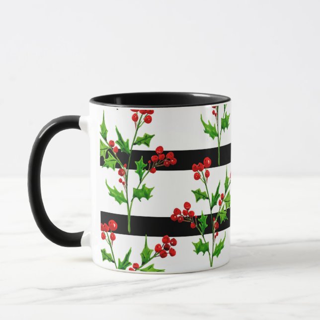 Watercolor Christmas Holly Modern Stripe Pattern Mug (Left)