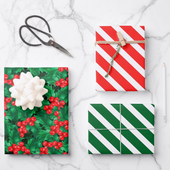 Watercolor Christmas Holly Wrapping Paper Set of 3 (Front)