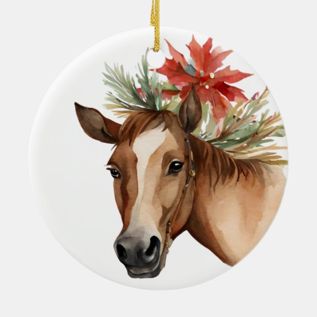 Watercolor Christmas Horse  Ceramic Ornament (Back)