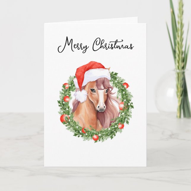 Watercolor Christmas Horse Custom Photo & Text Holiday Card (Front)