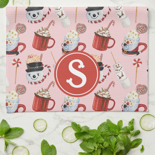 Watercolor Christmas Hot Chocolate Cocoa Monogram Kitchen Towel (Folded)
