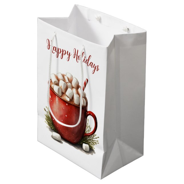 Watercolor Christmas Hot Cocoa Medium Gift Bag (Front Angled)