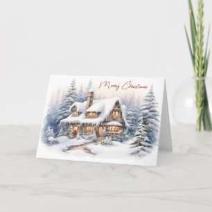Watercolor Christmas House With Snow Holiday Card