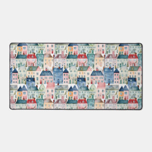Watercolor Christmas Houses seamless pattern. Desk Mat