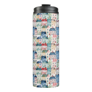 Watercolor Christmas Houses seamless pattern. Thermal Tumbler