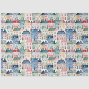 Watercolor Christmas Houses seamless pattern. Tissue Paper