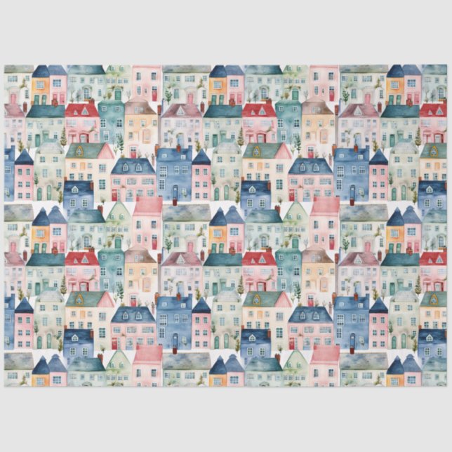 Watercolor Christmas Houses seamless pattern. Tissue Paper (Front)