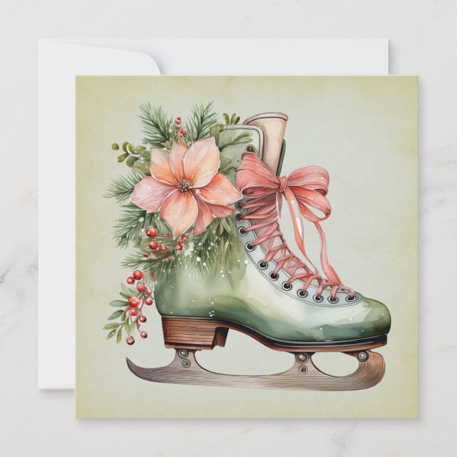 Watercolor Christmas Ice Skate  Holiday Card (Front)
