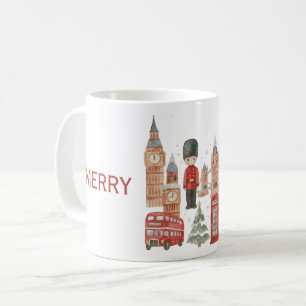 Watercolor Christmas in London Red Bus, Big Ben Coffee Mug