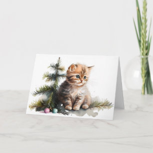 Watercolor Christmas Kitten  Card