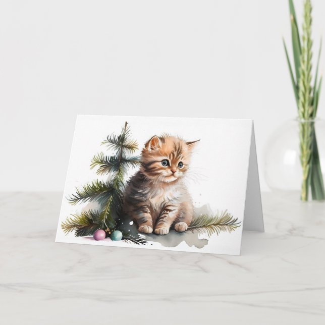 Watercolor Christmas Kitten  Card (Front)