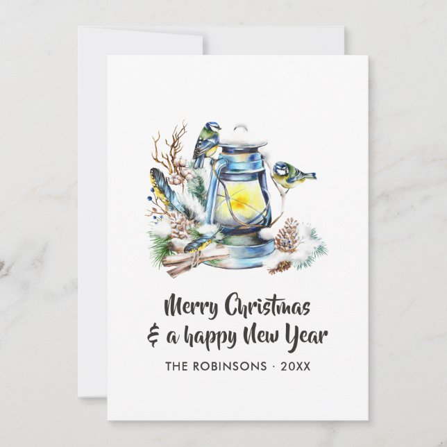 Watercolor Christmas Lantern Family Photo Collage Holiday Card (Front)