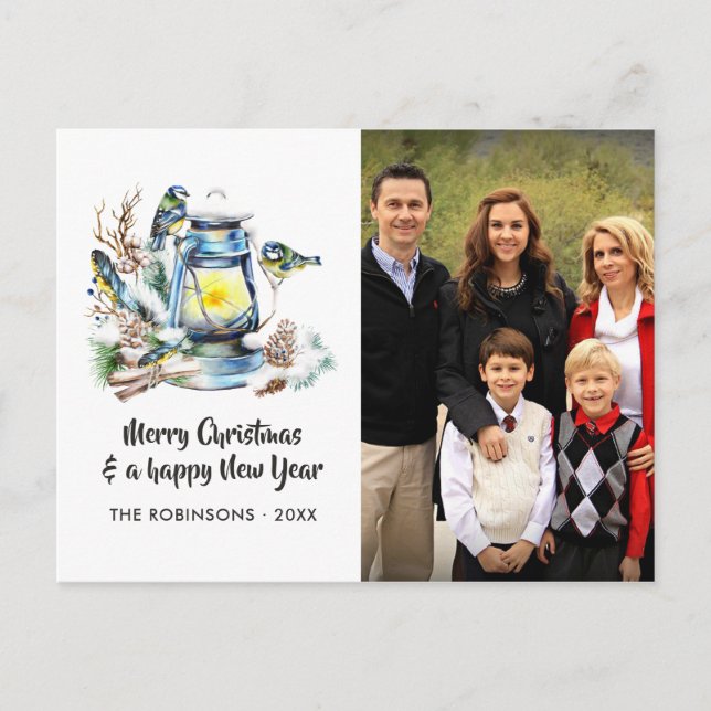 Watercolor Christmas Lantern Family Photo Holiday Postcard (Front)