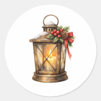 Watercolor Christmas Lantern with Burning Candle Classic Round Sticker