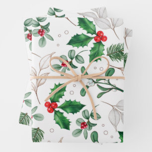 Watercolor Christmas Leaves and Berries White Wrapping Paper Sheet